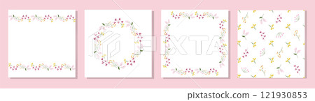 Elegant postcard templates with floral blooming flowers. A set of celebration cards, or labels, and seamless pattern. 121930853