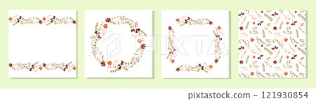 Set of cute postcards with beautiful delicate flowers. Round, rectangular flower frames and seamless pattern. 121930854
