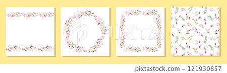 Set of floral greeting cards with beautiful blossom flowers, and seamless pattern. Set of floral greeting cards with beautiful blossom flowers, and seamless pattern. 121930857