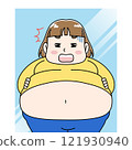 Illustration of a woman shocked at her weight gain in front of a mirror 121930940