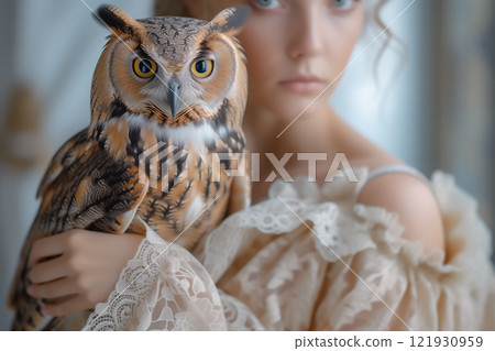 Owl and woman in a dress: AI-generated material 121930959