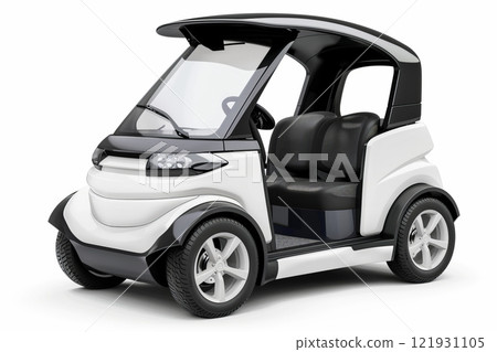 Golf cart isolated on white background. Modern electric microcar in white and black is shown in a 3D rendering. 121931105