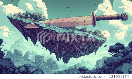 Giant sword piercing floating island in fantasy landscape 121931174