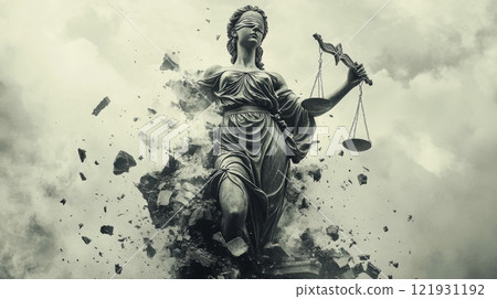 Lady justice emerging from rubble holding scales, symbolizing resilience of law and order 121931192