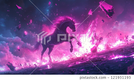 Majestic unicorn galloping through a vibrant, surreal landscape 121931193