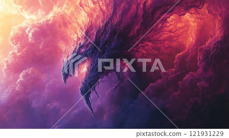 Majestic dragon emerging from vibrant clouds, fantasy illustration Majestic dragon emerging from vibrant clouds, fantasy illustration 121931229