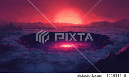 Glowing crater illuminating alien planet during otherworldly sunset 121931246