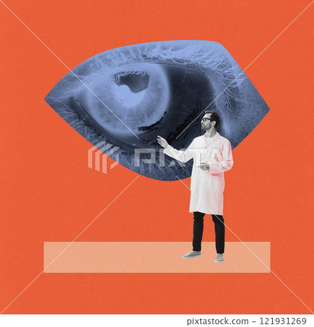 Contemporary art collage. Doctor in white coat gestures at detailed blue eye on bold orange. Modern artistic depiction of sight and medical care. Contemporary art collage. Doctor in white coat gestures at detailed blue eye on bold orange. Modern artistic depiction of sight and medical care. 121931269