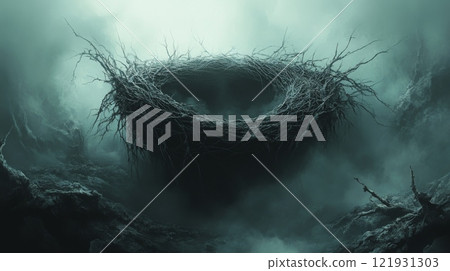 Giant nest floating in a surreal dark fantasy landscape Giant nest floating in a surreal dark fantasy landscape 121931303