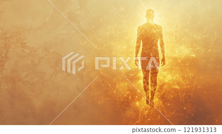 Golden human figure emerging from light and energy field 121931313
