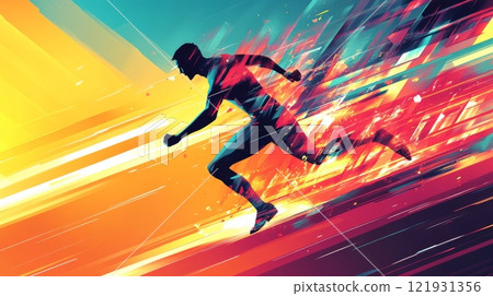 Athlete running fast with motion blur and colorful abstract background Athlete running fast with motion blur and colorful abstract background 121931356