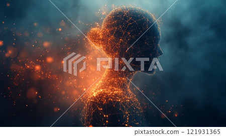 Woman silhouette glowing with network of lines and particles emanating energy 121931365