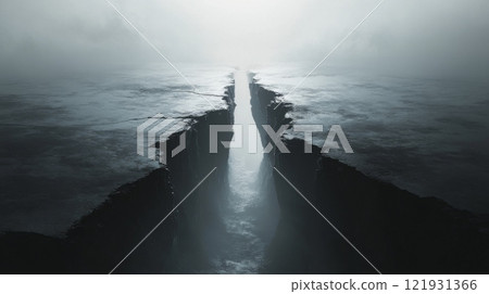 Deep crack dividing the earth in a foggy landscape 121931366