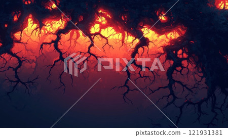 Burning sky illuminating twisted branches of leafless trees in surreal landscape 121931381