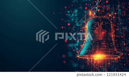 Digital bell is ringing, sending notifications in futuristic cyberspace 121931424