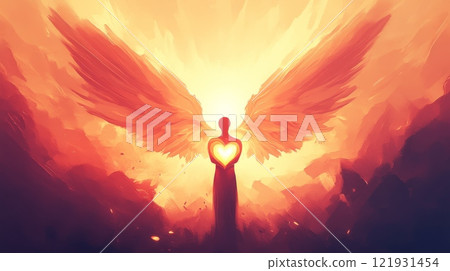 Angelic figure embracing glowing heart with fiery wings in ethereal landscape 121931454