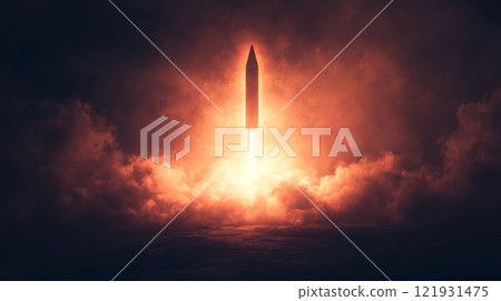 Intercontinental ballistic missile launching, creating a glowing cloud of smoke and fire 121931475