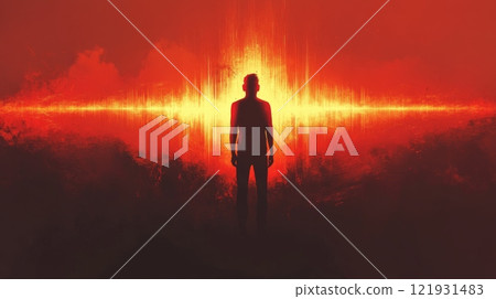 Man standing before glowing energy in apocalyptic landscape 121931483