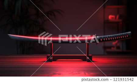 Glowing red katana resting on display stand in dimly lit room 121931542