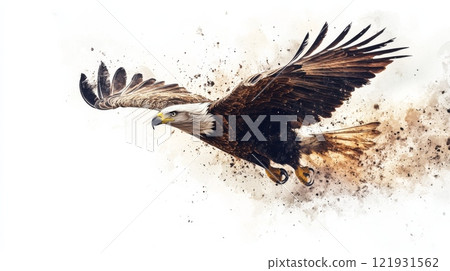 Majestic bald eagle soaring with powerful wings on white background Majestic bald eagle soaring with powerful wings on white background 121931562