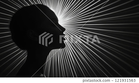Woman silhouette illuminated by converging light rays: spiritual enlightenment and awakening 121931563