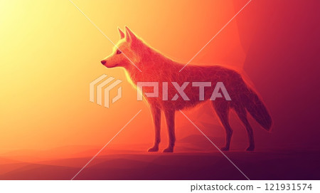 Red polygonal wolf standing in a sunset landscape 121931574