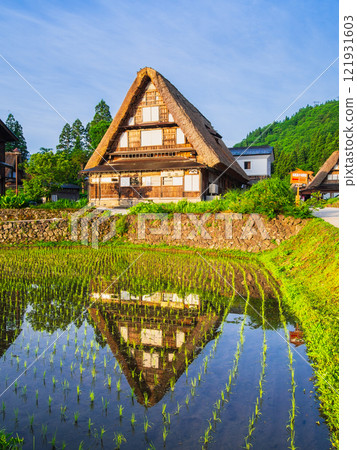 Ainokura Village, Gokayama, a village of Gassho-style houses illuminated by the morning sun Ainokura Village, Gokayama, a village of Gassho-style houses illuminated by the morning sun 121931603