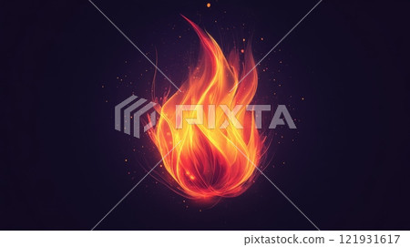 Burning fireball emitting glowing particles on dark background 121931617