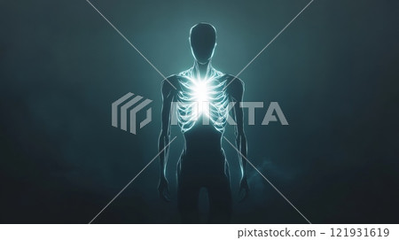Futuristic anatomy showing glowing rib cage and lungs in a human body 121931619