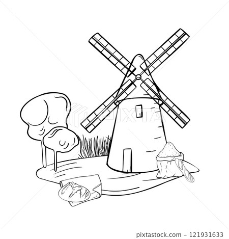 Rustic landscape of windmill, bread and flour bag black white vector illustration isolated. Rural making bread mill, tower mill hand drawn monochrome for design package, label bakery, grocery. 121931633