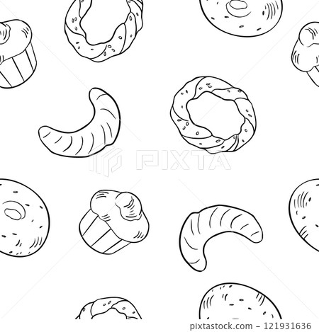 Assorted buns and bread rings black white vector seamless pattern isolated . Brioche, simit, croissant and bagel hand drawn monochrome linear sketch. Buns on repeated texture for packaging, textile. Assorted buns and bread rings black white vector seamless pattern isolated . Brioche, simit, croissant and bagel hand drawn monochrome linear sketch. Buns on repeated texture for packaging, textile. 121931636