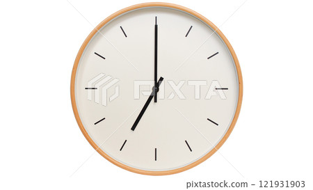 Isolated on white background Minimalist style wooden wall clock, showing time at 19.00/07.00 - Perfect for Time Management and Scheduling Concepts Isolated on white background Minimalist style wooden wall clock, showing time at 19.00/07.00 - Perfect for Time Management and Scheduling Concepts 121931903