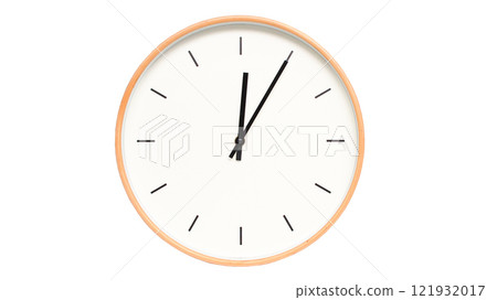 Isolated on white background Minimalist style wooden wall clock, showing time at 12.05/00.05 - Perfect for Time Management and Scheduling Concepts 121932017