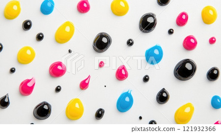 cmyk color drops on white canvas background 121932366