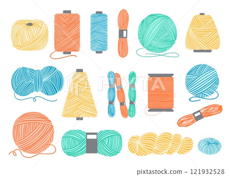 Cartoon wool and spools. Sewing threads. Knitting or crochet yarn. Skeins and balls. Knit bobbins. Handcraft dressmaking elements. Embroidery rolls. Tailor equipment. Splendid vector set Cartoon wool and spools. Sewing threads. Knitting or crochet yarn. Skeins and balls. Knit bobbins. Handcraft dressmaking elements. Embroidery rolls. Tailor equipment. Splendid vector set 121932528