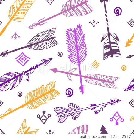 Tribal arrows seamless pattern. Boho ethnic longbow elements. Repeated print doodle style. Feathered weapons. Native American hunters bow. Arrowhead aiming. Splendid vector background Tribal arrows seamless pattern. Boho ethnic longbow elements. Repeated print doodle style. Feathered weapons. Native American hunters bow. Arrowhead aiming. Splendid vector background 121932537