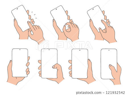 手繪插圖一組操作智慧型手機的手（彩色） 121932542