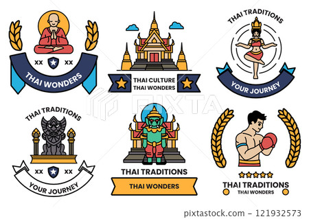 set of illustrations in the concept of Thai tourism and Thai culture in a line style 121932573