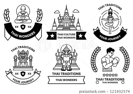 set of illustrations in the concept of Thai tourism and Thai culture in a line style 121932574