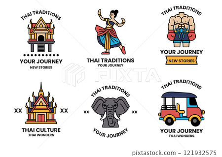 set of illustrations in the concept of Thai tourism and Thai culture in a line style 121932575