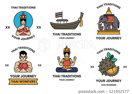 set of illustrations in the concept of Thai tourism and Thai culture in a line style set of illustrations in the concept of Thai tourism and Thai culture in a line style 121932577