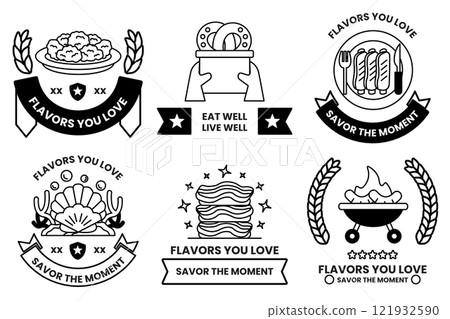 Set of illustrations in the concept of restaurants and seafood in line drawing style 121932590