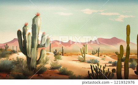 A beautiful desert landscape featuring cactuses in different shapes and sizes, generative ai illustration 121932976