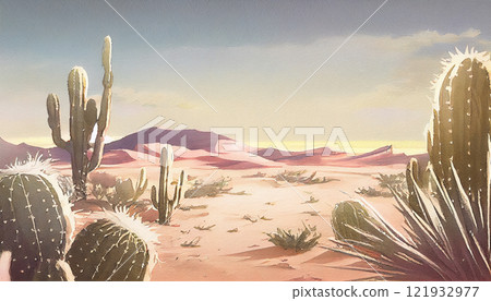 A beautiful desert landscape featuring cactuses in different shapes and sizes, generative ai illustration 121932977