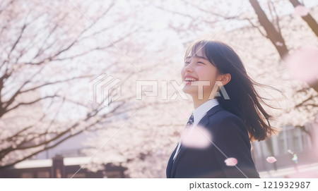 A smiling schoolgirl dreams of the future amid a flurry of cherry blossom petals A smiling schoolgirl dreams of the future amid a flurry of cherry blossom petals 121932987