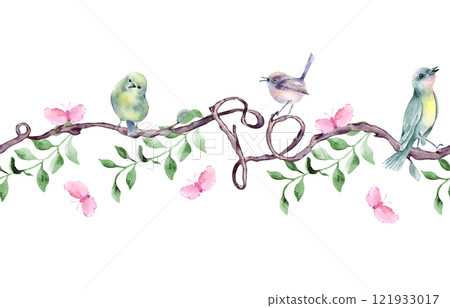 Greenery seamless border with birds on tree branches by watercolor isolated. Hearts, various birds and pink butterflies on repeated nature texture. Seamless foliate banner and woodland animals drawn. Greenery seamless border with birds on tree branches by watercolor isolated. Hearts, various birds and pink butterflies on repeated nature texture. Seamless foliate banner and woodland animals drawn. 121933017
