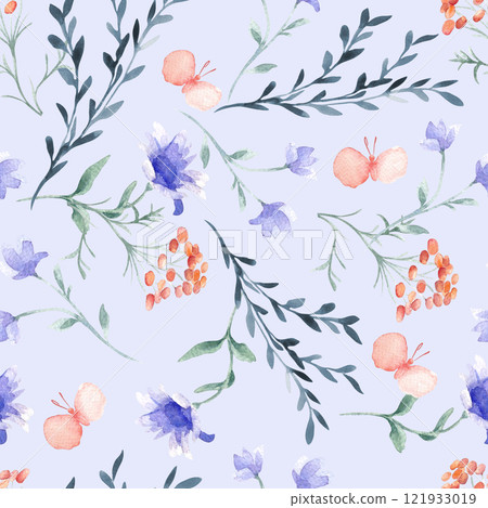 Foliate seamless pattern with watercolor flowers and pink butterflies. Abstract simple blooms and plants hand drawn on repeated background isolated. Botanical floral pattern design home textile. 121933019