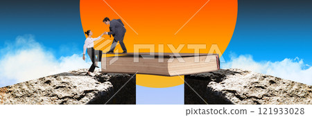 Man helping woman cross gap using book as bridge, symbolizing teamwork, education, and overcoming obstacles through learning. Contemporary art collage. Man helping woman cross gap using book as bridge, symbolizing teamwork, education, and overcoming obstacles through learning. Contemporary art collage. 121933028