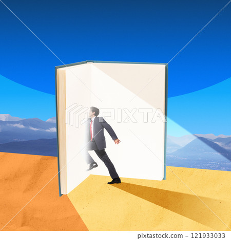 Businessman walking into glowing light of open book in desert, symbolizing transformative power of education and learning. Contemporary art collage. Businessman walking into glowing light of open book in desert, symbolizing transformative power of education and learning. Contemporary art collage. 121933033