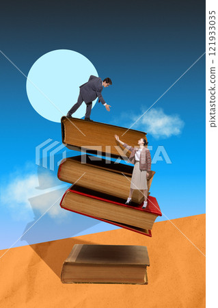 Man extending hand to assist woman on stack of books, symbolizing collaboration, learning, and power of education to uplift. Contemporary art Man extending hand to assist woman on stack of books, symbolizing collaboration, learning, and power of education to uplift. Contemporary art 121933035